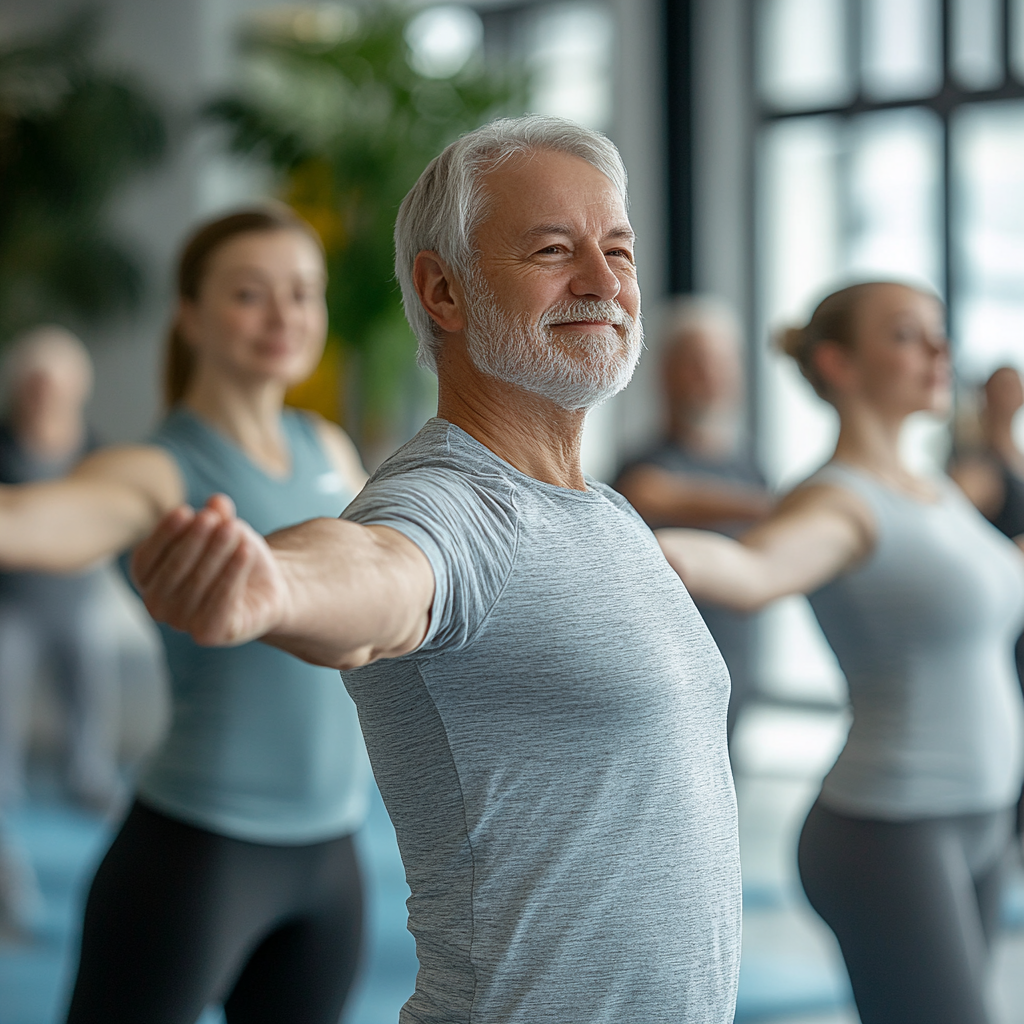 Професійний тренер працює з клієнтом літнього віку